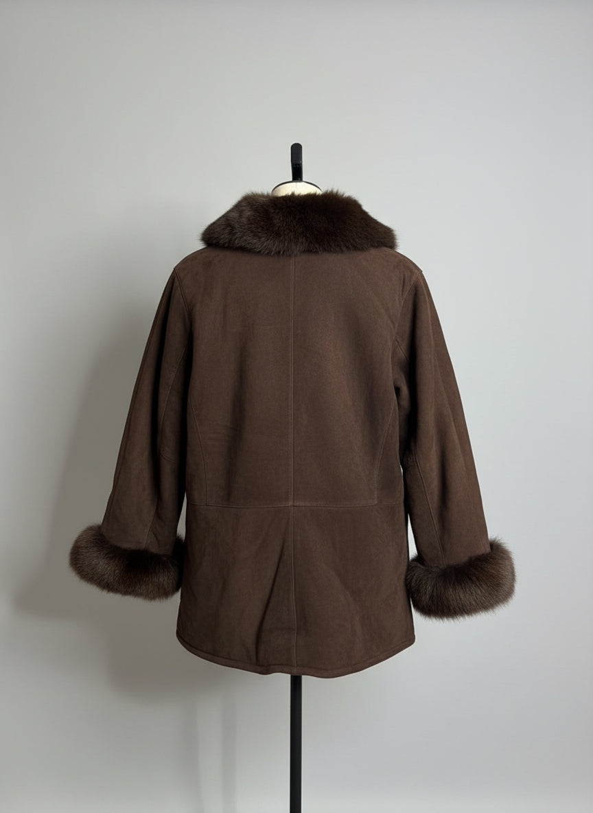 Shearling Sheepskin Suede Coat - Dark Brown