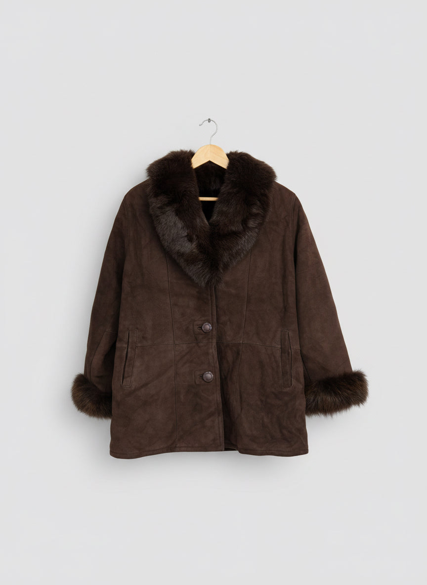 Shearling Sheepskin Suede Coat - Dark Brown