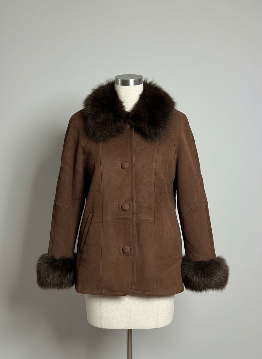 Shearling Sheepskin Suede Coat - Brown